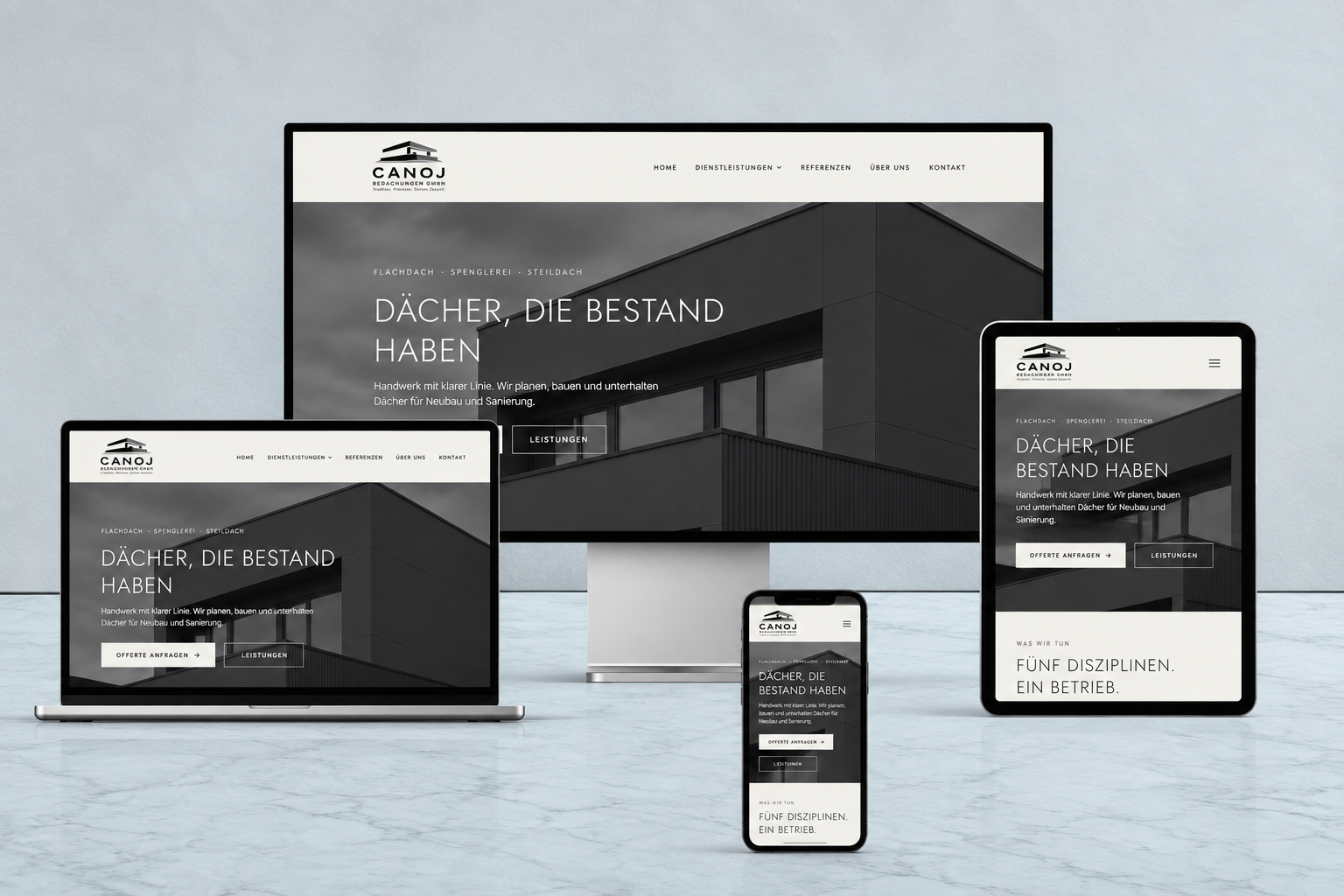 Canoj Bedachungen Website auf Desktop, Laptop, Tablet und Smartphone